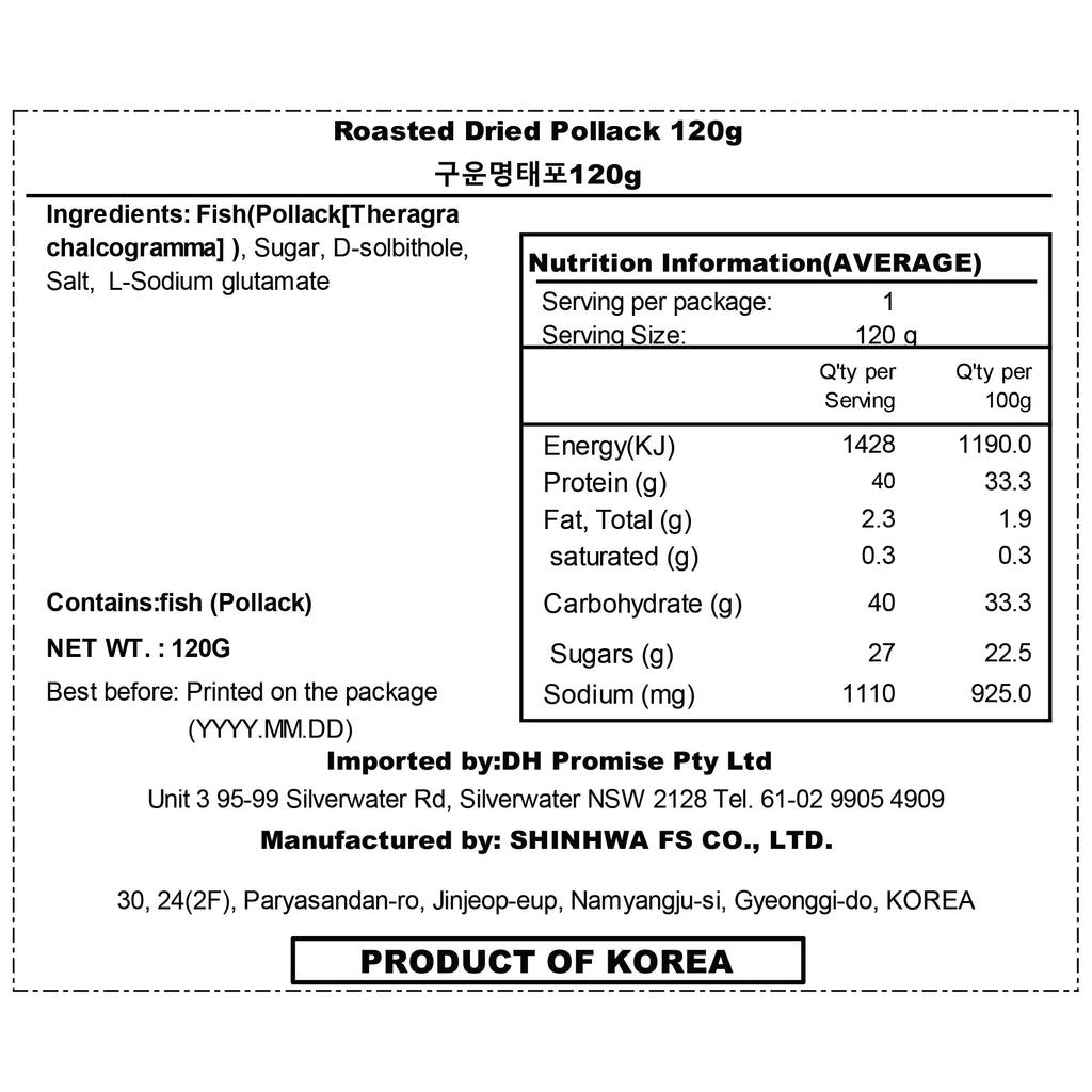 Roasted Pollock Fillet 120g Korean Savory Dried Fish Snack